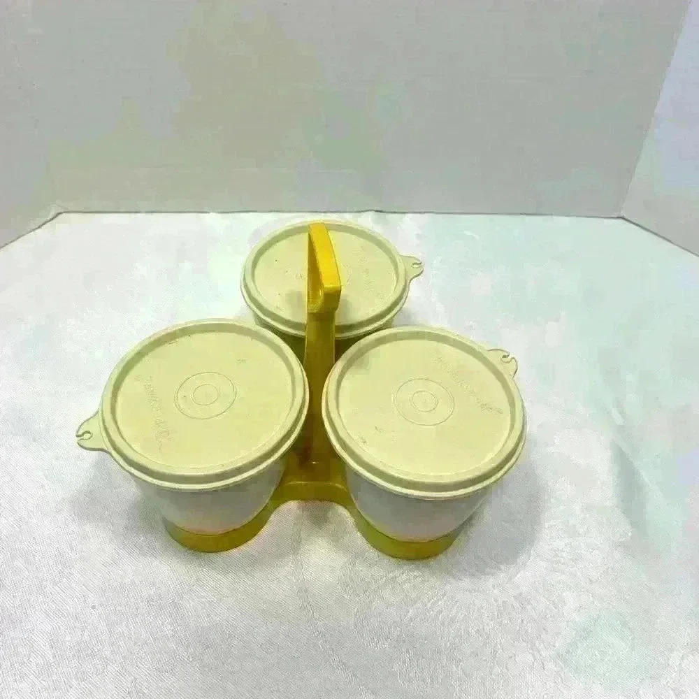 Seven piece Tupperware condiment caddy, almond in harvest gold